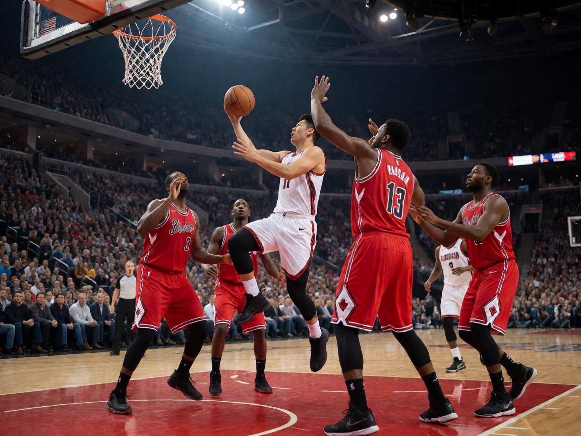 NBA比赛中球员突破上篮的激烈对抗画面